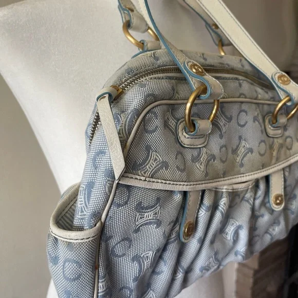 CELINE C Macadam Canvas Hand Bag Light Blue - Picture 2 of 14
